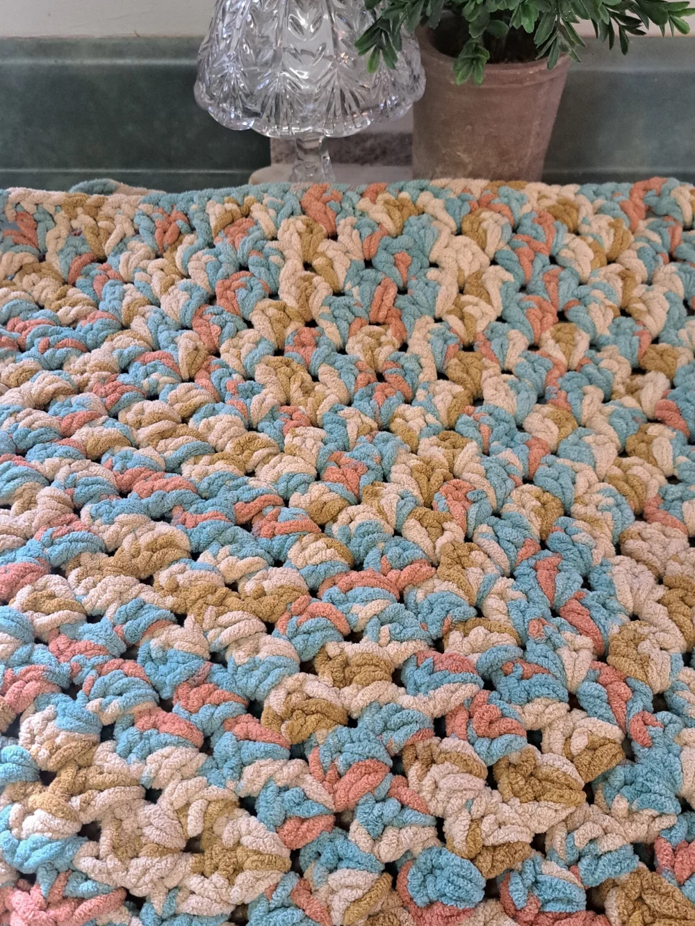 Boho Plush Crochet Throw Blanket in Blue, Coral & Cream (40